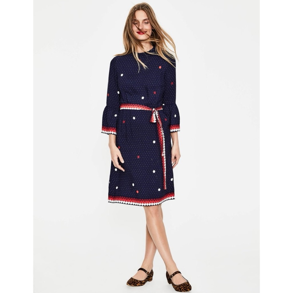 Boden Armelle Dress Dots Bell Sleeves Pockets Navy Sz 10R